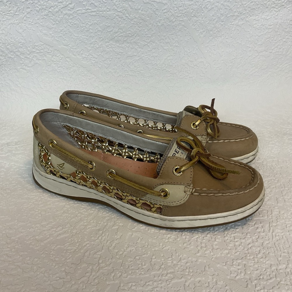 Sperry Top Sider Angelfish Tan Leather Gold Cage Womens Sz 7 Boat‎ Shoe